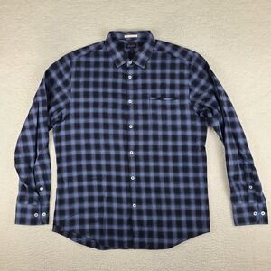 Goodman Flannel‎ Shirt Mens Large Black Blue Plaid Check Dress Button Up